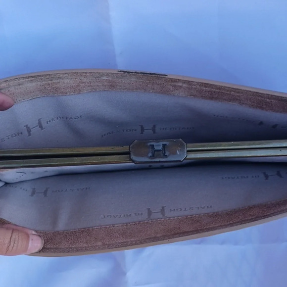 Vintage Halston Heritage Leather Clutch Bag Suede Beige Evening Long **
